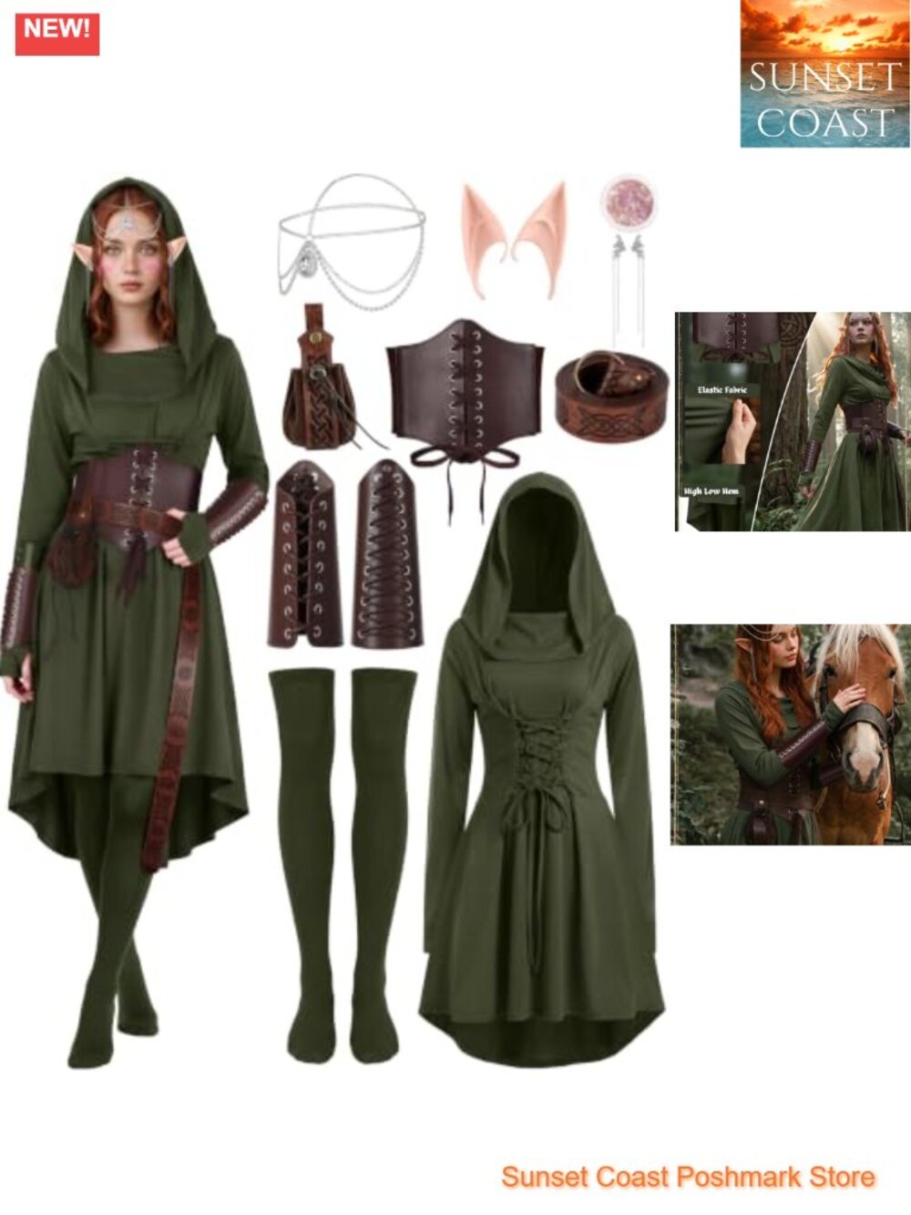 10 Pc Renaissance Fairy Elf Costume Hooded Dress PU Leather Corset Belt